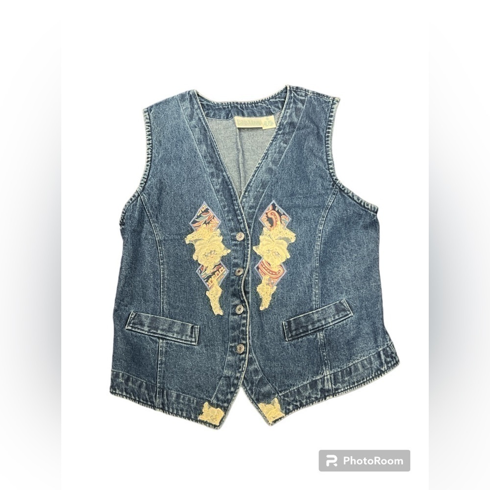 Vintage 90s Blue Jean Vest with Appliqués by Van‎ Heusen -Size Small